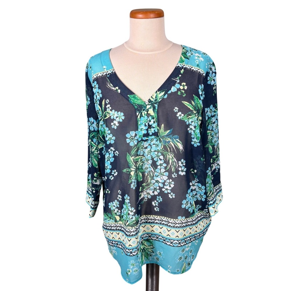 J. Jill Women's Size Medium Blue Floral Semi Sheer Blouse Tunic‎ Tops Cover Up